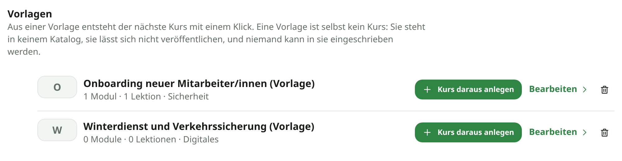Der Abschnitt „Vorlagen" am Ende der Kursliste, jede Zeile mit dem Button „Kurs daraus anlegen".