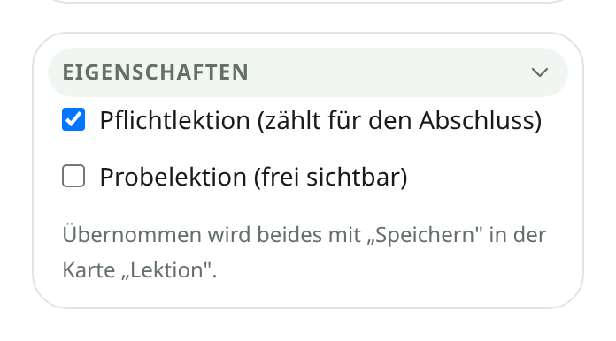 Der aufgeklappte Begleiter „Eigenschaften" auf einer Lektionsseite, mit dem Schalter „Pflichtlektion".