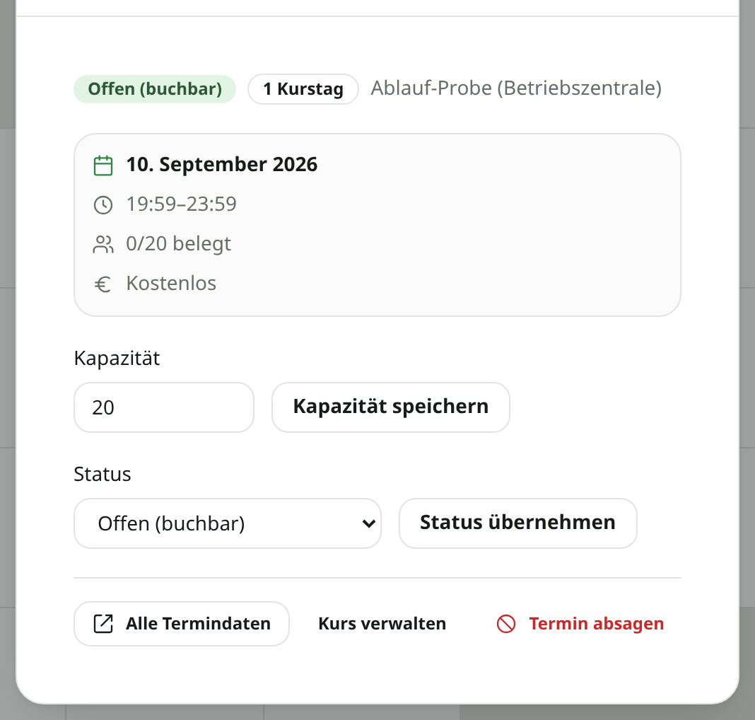 Das Fenster nach einem Klick auf einen Termin im Kalender, mit Zeitraum, Belegung und dem Weg „Alle Termindaten".