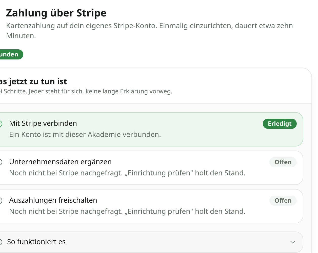 Die Karte „Zahlung über Stripe" unter Einstellungen, Zahlung, mit dem Zustand der Verbindung und den Schritten der Einrichtung.